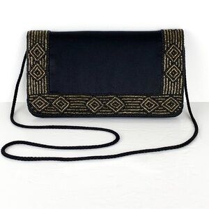 Vintage beaded bag by Carolyne Barton Night, black satin clutch or crossbody